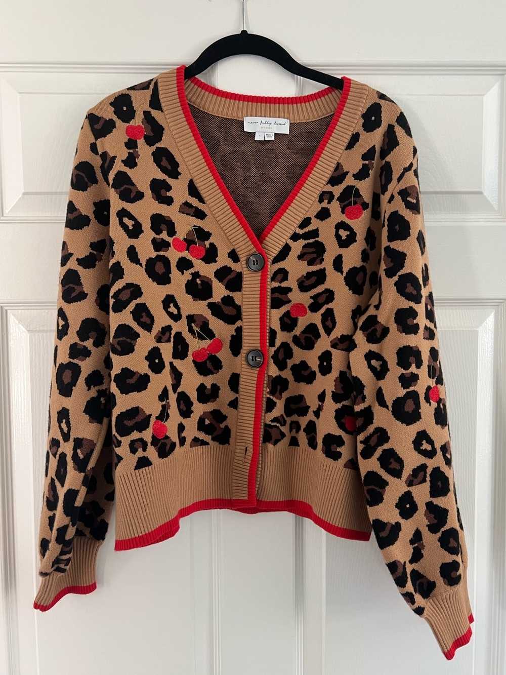 Never Fully Dressed Cherry Leopard Print V-Neck Cardigan, Brown/Multi - Picture 2 of 3